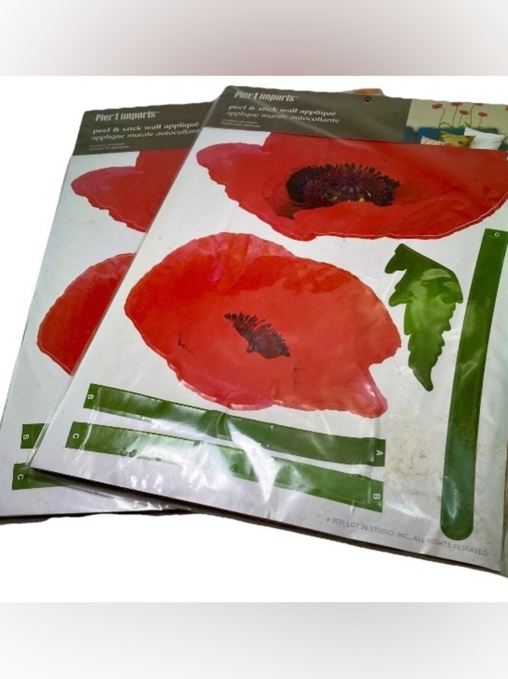 NWT Set of 2 -2011 Pier 1 Imports® Wall Appliqué Decal Poppy Flowers- See Flaws